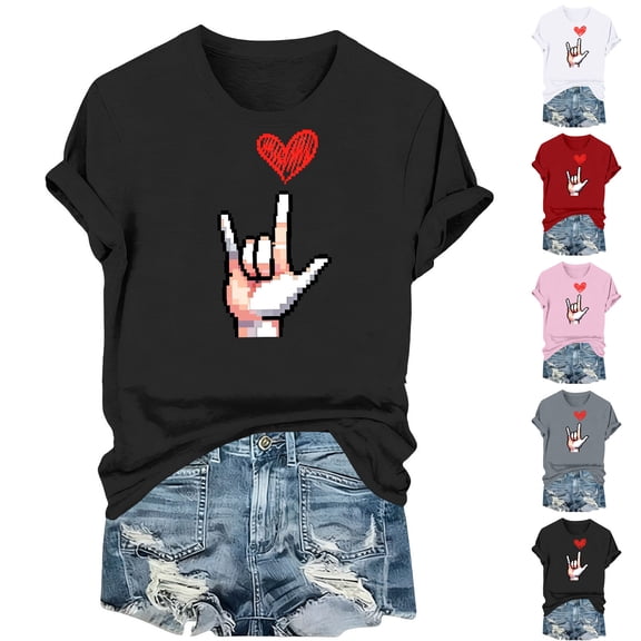 EchfiProm Womens T shirts Short Sleeve Valentine Day Graphic Tees Gray Casual Heart Cute Tops for Ladies