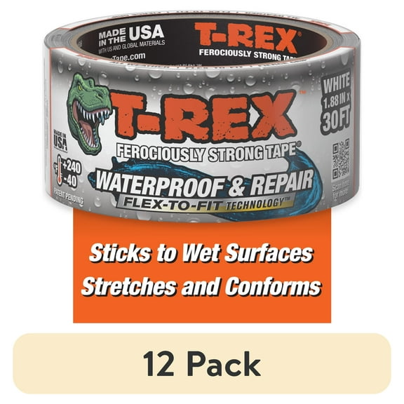 (12 pack) T-Rex Ferociously Strong White Waterproof and Repair Tape 1.88 in x 10 yd
