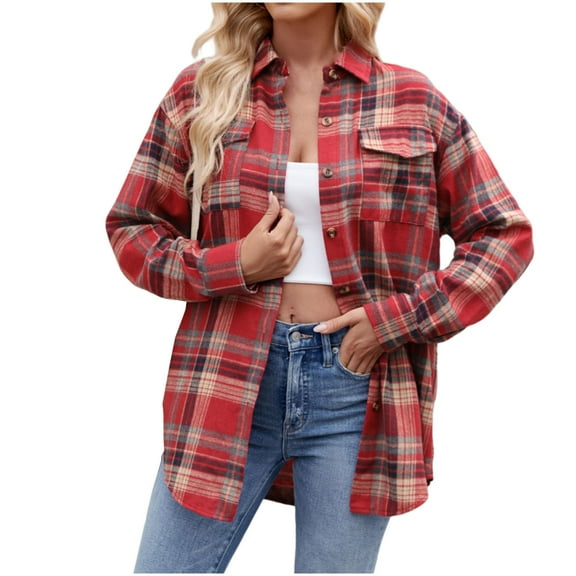 Snoarin Women Shirts Casual Lapel Button Pocket Plaid Long Sleeved Shirt Top Jacket S-2XL