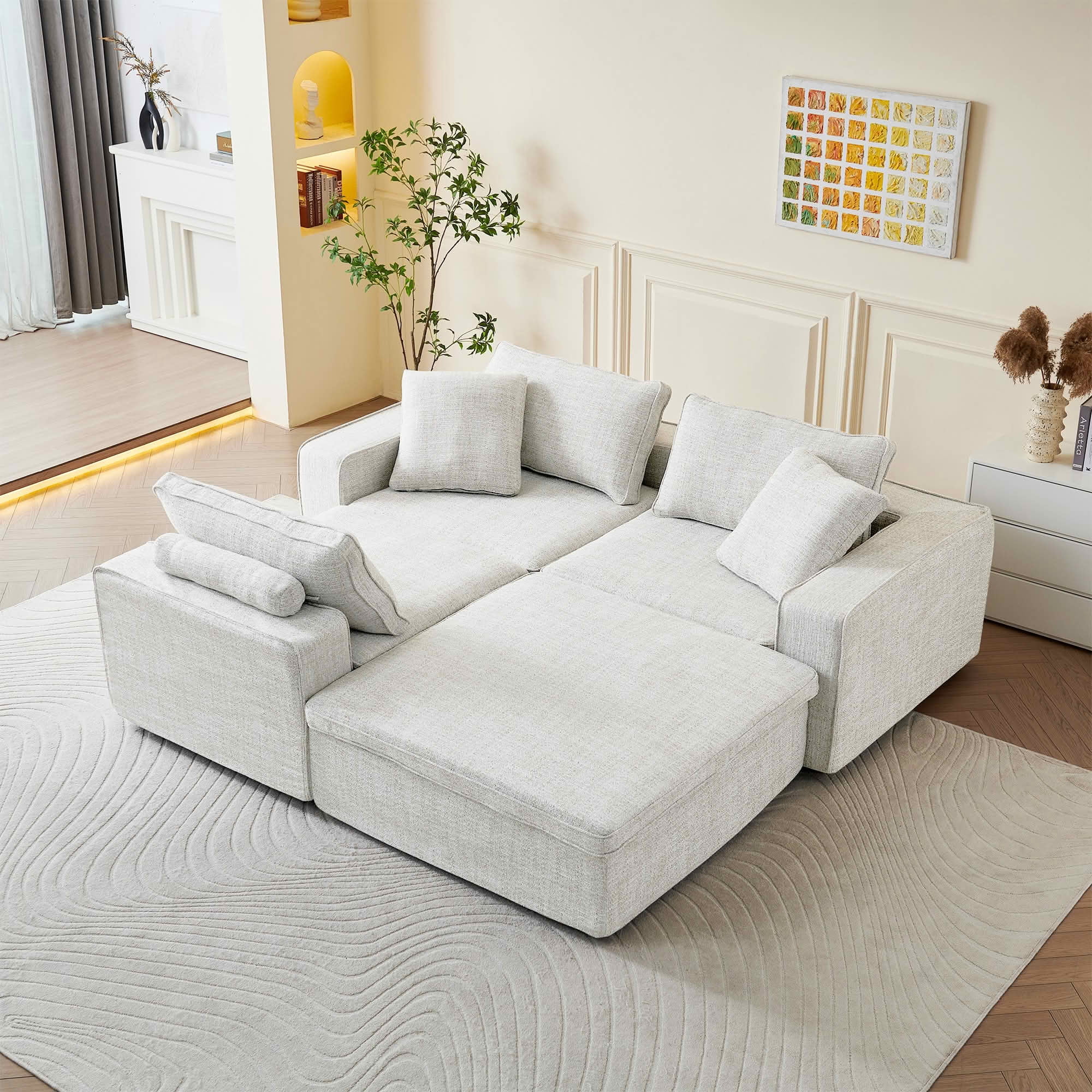 MAYEERTY 131in 4-Seater Cloud Couch with Ottoman, Washable Linen Cover, Pocket Springs & Compressed Delivery，White