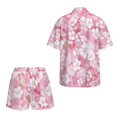 thumbnail image 5 of FKEKYI Womens 2 Pcs Short Set Open Front Shirt Top Summer Outfits Shorts with Elastic Waist Pink Hibiscus Floral Leaf Print Beachwear Breathable Lounge Set Resort Wear, S, 5 of 7