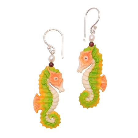 NOVICA Bone dangle earrings, 'Happy Seahorses'