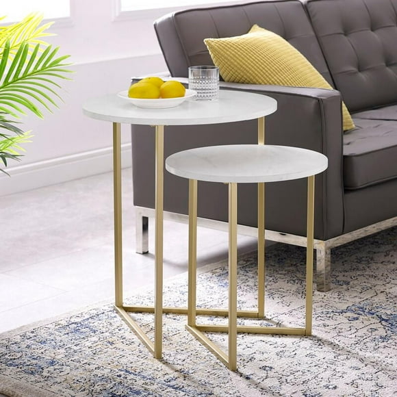 ViscoLogic V-Shaped Marble Top Nesting Coffee Tables with End Tables and Metal Frame, Golden Yellow