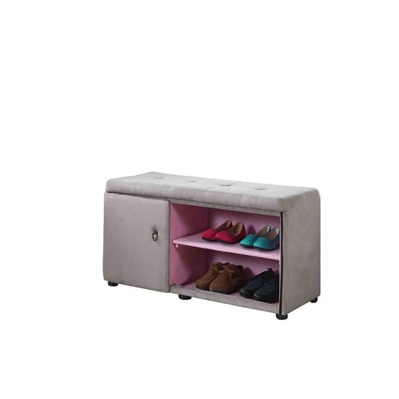 Light Gray & Pink Tufted Shoe Storage Bench