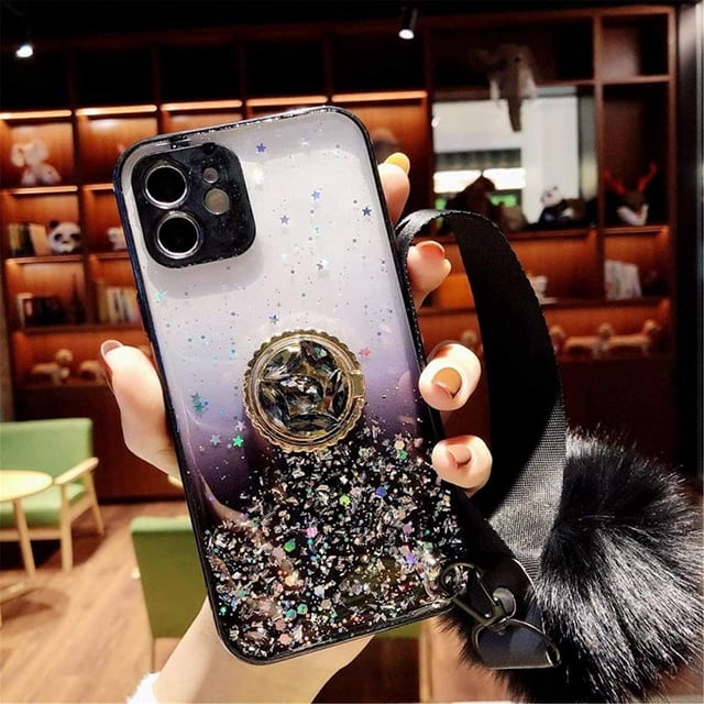 Étui avec Support et Anneau Pailleté Compatible avec Bling Sparkle Diamond Strass Support et Sangle de Poignet en Fourrure pour Filles Femmes (iPhone 12mini)