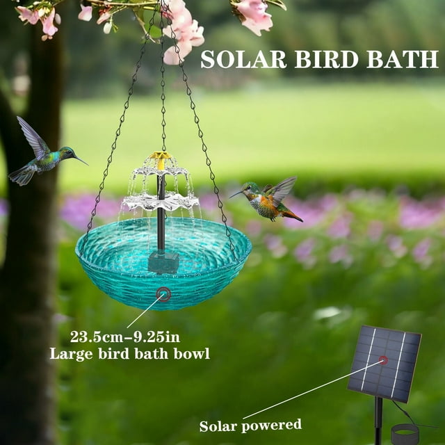 Solar Powered Bird Bath With Metal Hanging Chain And Plastic Bowl For Outdoor Garden Use