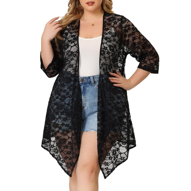 Plus Size Draped Shawls for Women Lightweight Open Front Lace Cardigans Black 3X