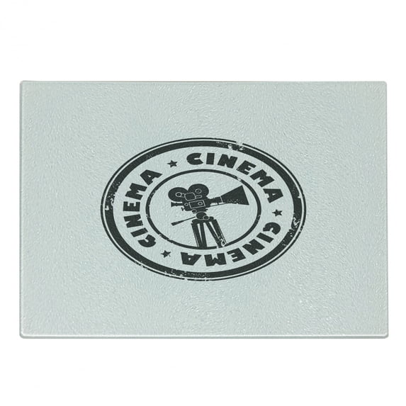 Movie Theater Cutting Board, Abstract Grunge Stamp with Movie Camera and the Word Cinema Inside, Decorative Tempered Glass Cutting and Serving Board, Small Size, Charcoal Grey White, by Ambesonne