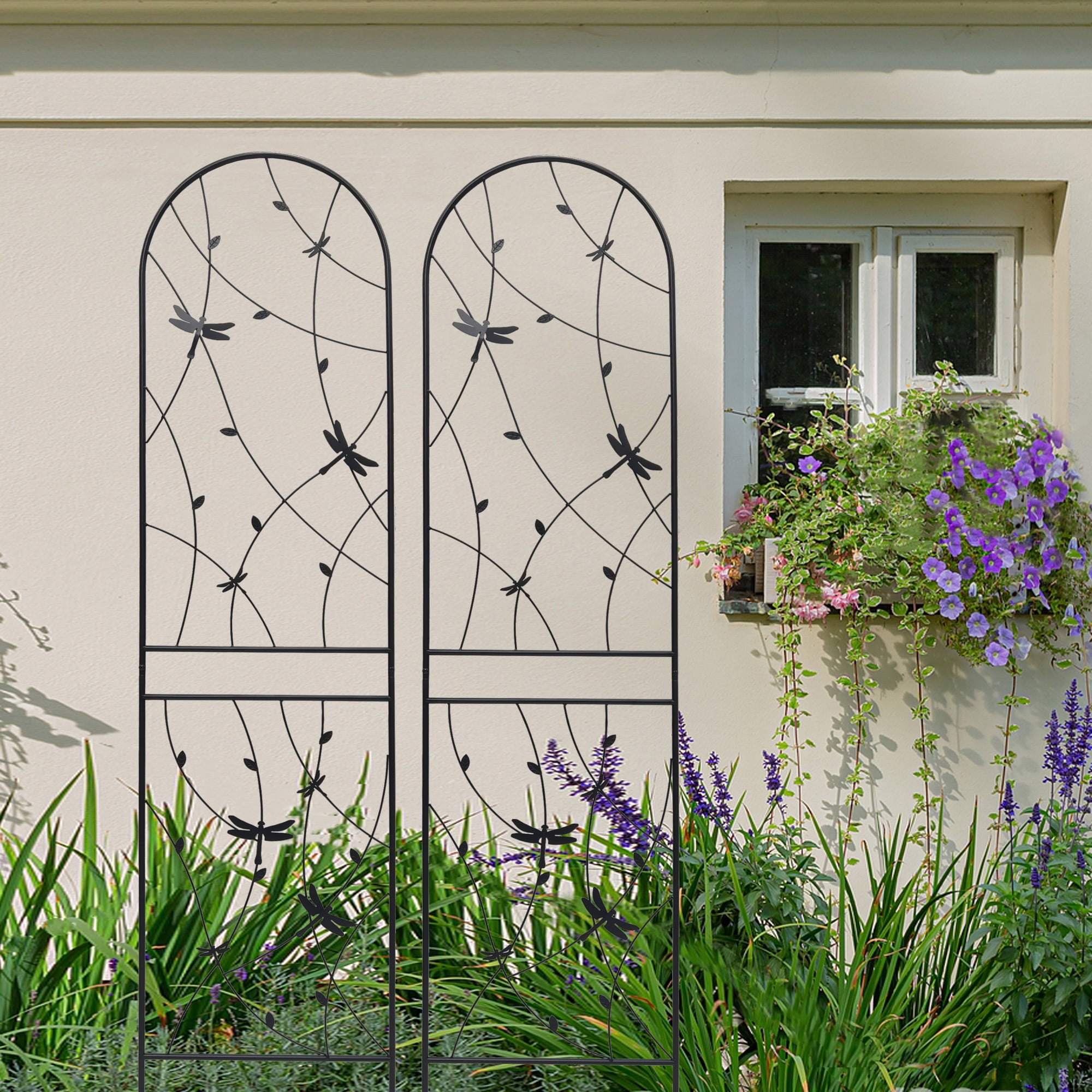 Aukfa Garden Trellis for Climbing Plants, 4 Pack Outdoor Metal Trellis 86.7" x 19.7", Support Dragonfly Decor,Black
