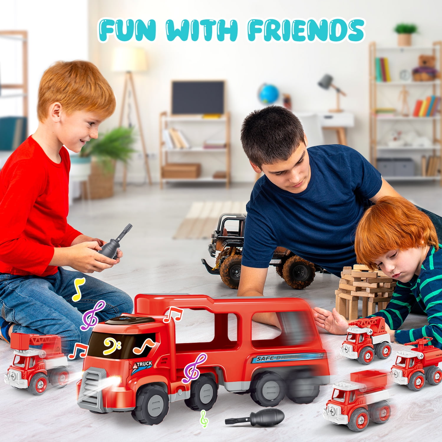 WonderStone 5-in-1 Fire Truck Toy with Light & Sound, Push Cars for Boys Kids 1-8 Birthday Gift
