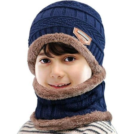GRNSHTS Kids Winter Knitted Hat and Fleece Neck Warmer Scarf Set for Boys Girls Age 5-10 (Blue)