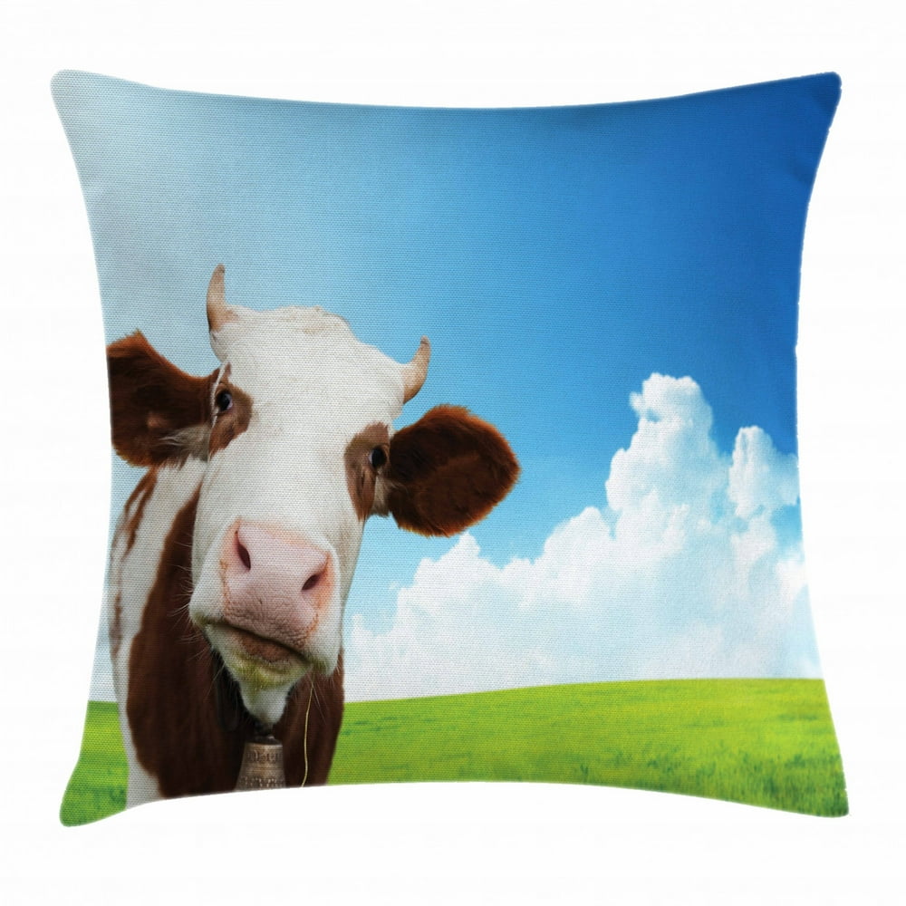 Cattle Throw Pillow Cushion Cover, Cute Brown and White Cow Staring from the Landscape of Wide