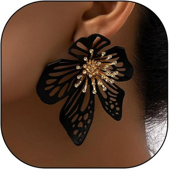 Chunky Gold Exaggerated Flower Dangle Earrings, Trendy Punk Geometry Large Stud Earrings, Street Hip Hop Statement Jewelry for Women