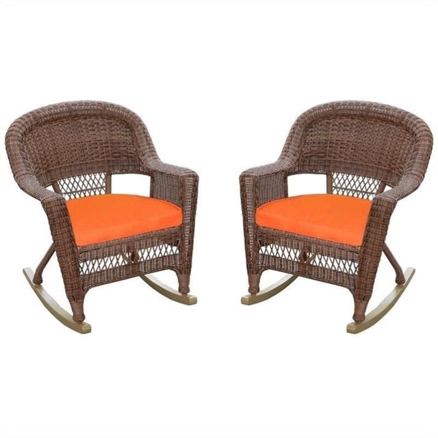 Jeco Wicker Rocker Chair in Honey with Orange Cushion (Set of 2)