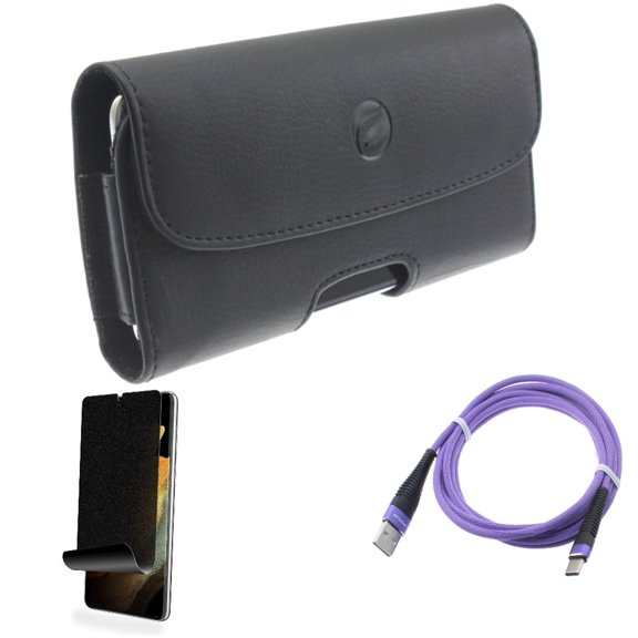 Privacy Screen Protector & 6ft USB Cable & Case Belt Clip for Samsung Galaxy S21 Ultra Phone - TPU Film Fingerprint Works & Purple Type-C & Leather Holster Accessory Bundle