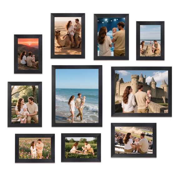 Collage Picture Frames, 10-Pack Multi-Size Frame Set for Wall Gallery - Includes 2x 8x10, 4x 4x6, 4x 5x7 Frames for Home & Office Decor, Tabletop or Wall Display, Black