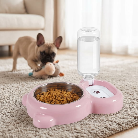 Pink Dog Bowls, Cat Food and Water Bowl Set with Water Dispenser and Stainless Steel Bowl – for Cats and Small Dogs
