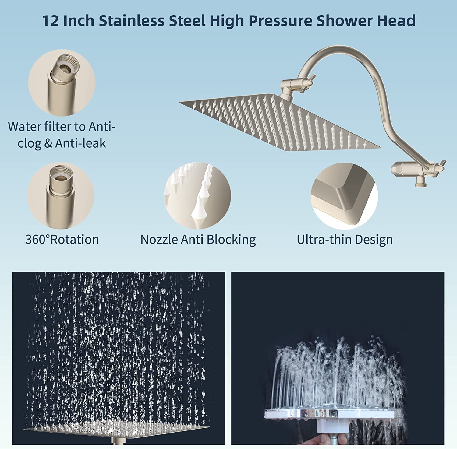 Hibbent 12'' All Metal Shower Head, High Pressure Rainfall Shower Head/Handheld Showerhead Combo/ 12'' Adjustable Curved Shower Extension Arm, 7-Spray,71'' Adhesive Showerhead Holder, Brushed Nickel