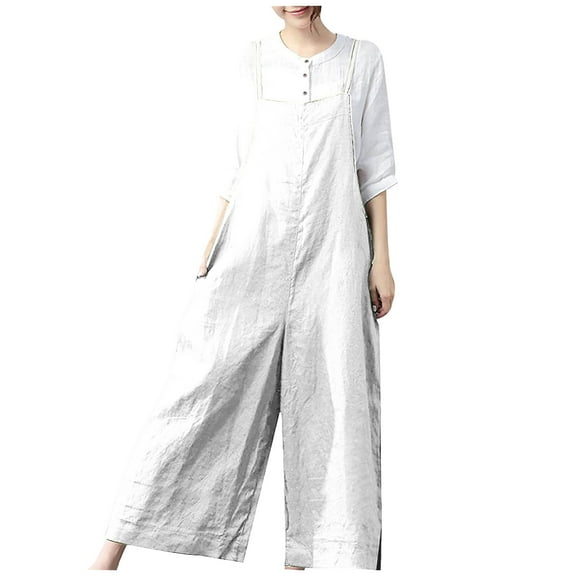 Summer Jumpsuits for Women Sleeveless Adjustable Straps Cotton Linen Rompers Casual Baggy Wide Leg Pants Overalls