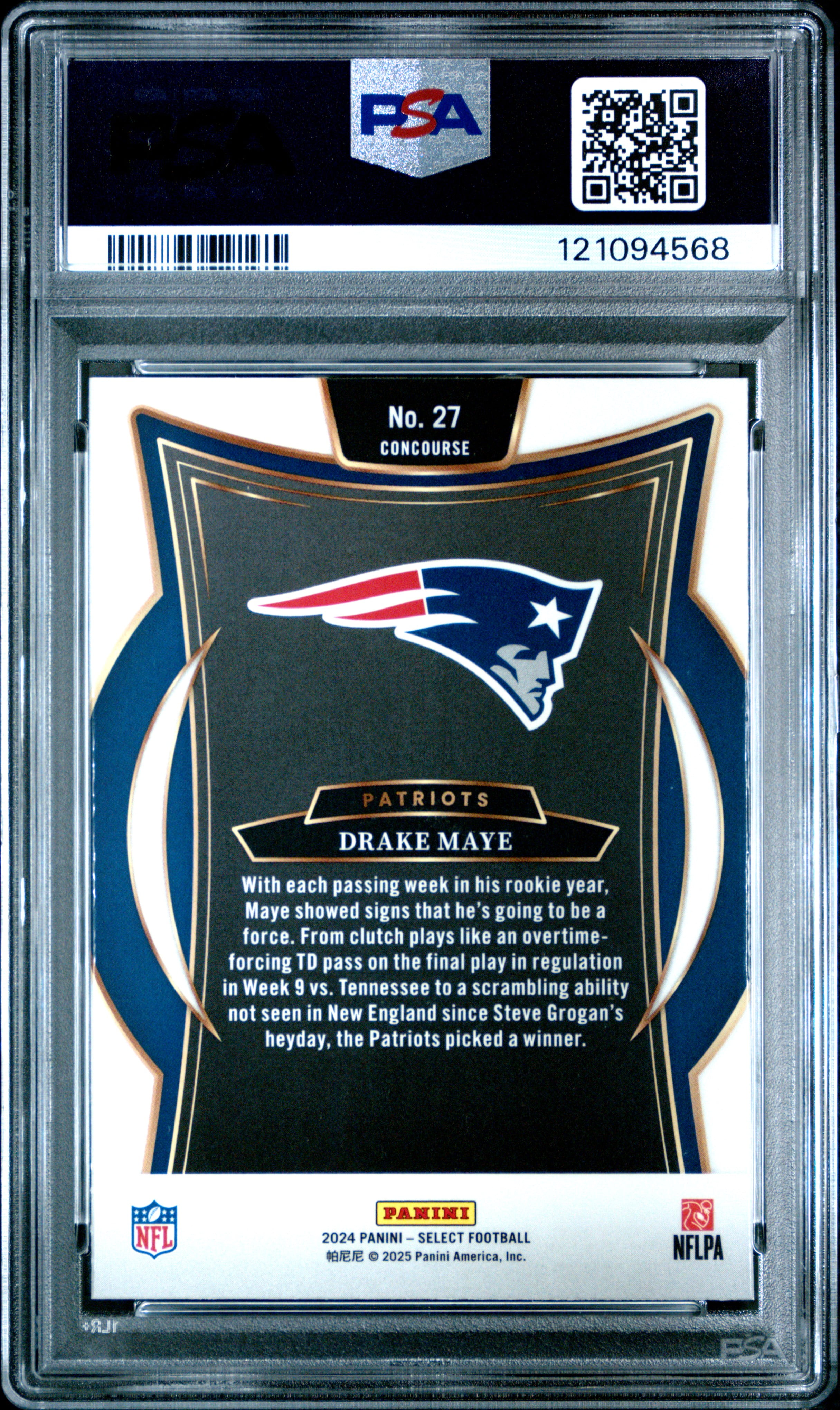 Drake Maye 2024 Select Rookie Football Card #27 Graded PSA 10 Cert #121094568