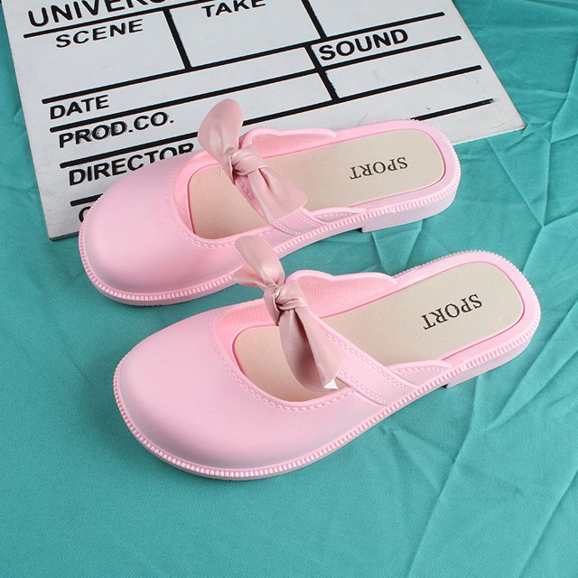 Zapatillas con punta cubierta estilo niña, moda exterior, color liso, pantuflas con lazo, sandalias planas