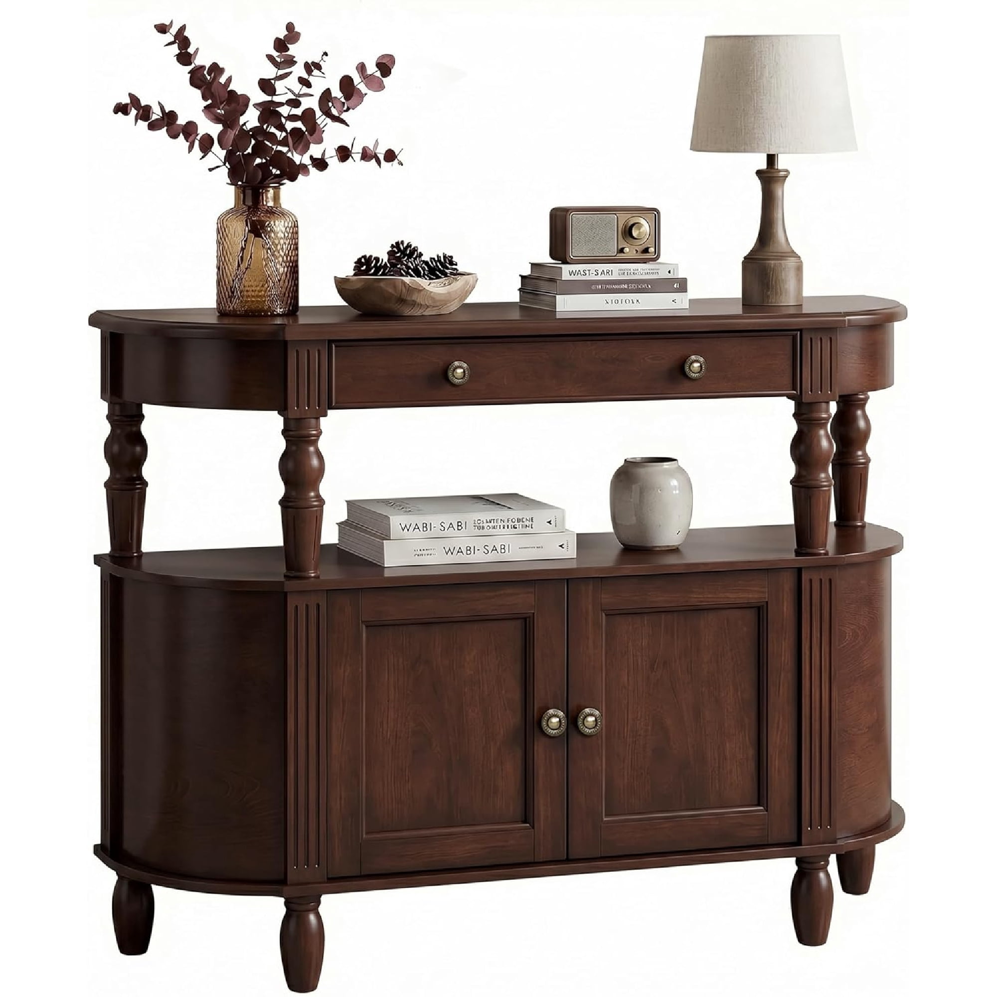 LKTART Reston Curved Console Table with 2-Door Cabinet and Drawer, Solid Wood Legs Half Moon Entryway Table with Adjustable Shelf, Walnut