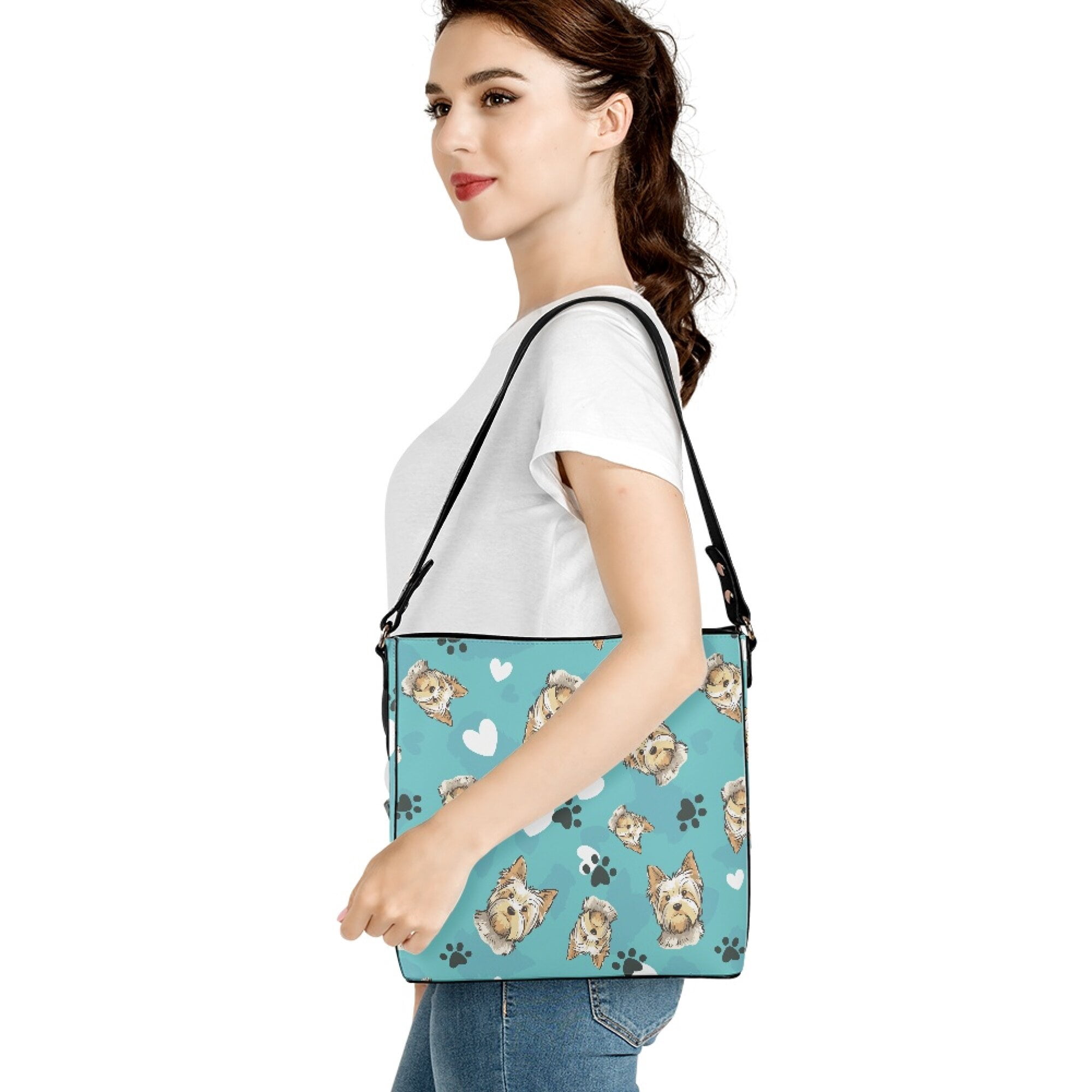 Kuiaobaty Yorkshire Terrier Print Bucket Crossbody Bag for Women, Cute Paw Print Vegan Leather Bucket Tote Bag with Adjustable Strap, Large Capacity Hobo Satchel Purse Crossbody for Travel