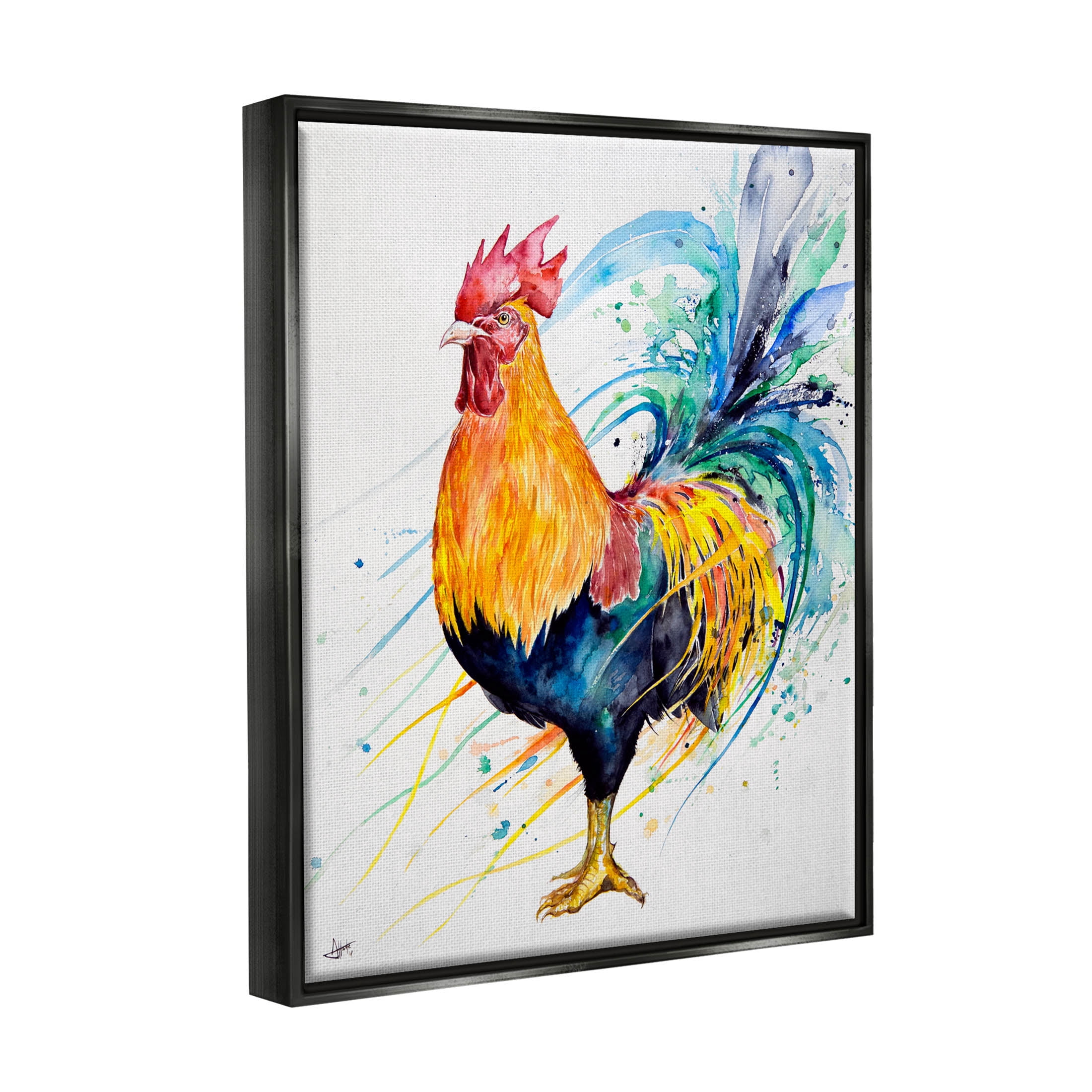 Modern Rooster Rainbow Splatter Animals & Insects Graphic Art Jet Black Framed Art Print Wall Art