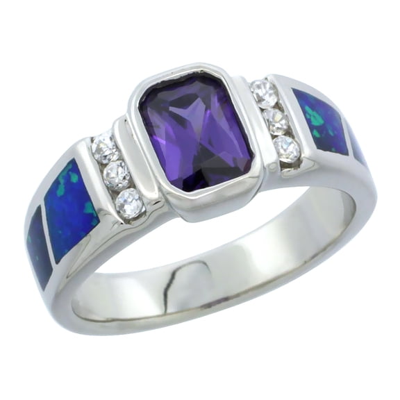 925 Sterling Silver Synthetic Blue Opal CZ Amethyst Cushion Cut Ring 10mm