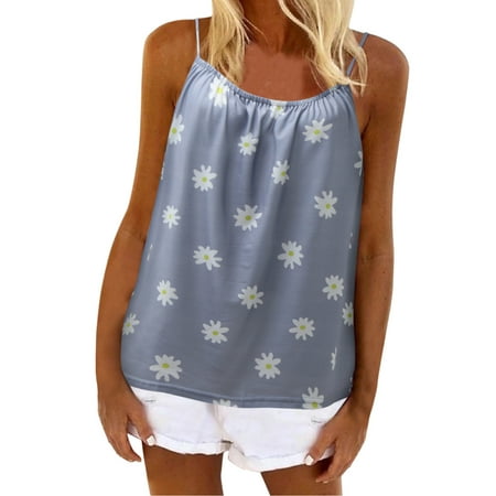 

Fsqjgq Sleeveless Undershirts Women Casual Tanks Top O Neck Printing Spaghetti Strap Top Shirt Summer Clothes Loose Fashion Tank Crop Bras Women Polyester Blue L