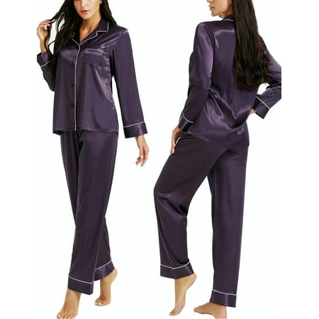 

LONXU Women s Satin Pajamas Long Sleeve With Long Pajama Pant Set Silk Soft Lounge Sets Button Down sleepwear 2 Piece Pjs Set Nightwear Set XS-XXXL