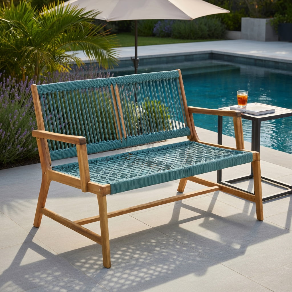 Hommoo 2-Person Acacia Wood Outdoor Bench with Rope Weave Seat, Patio Bench for Backyard, Balcony & Poolside, Turquoise