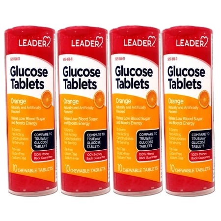 4 Pack - LEADER Glucose Tablets, Energy and Blood Sugar Support, Orange Flavor, 10 Count Travel Size