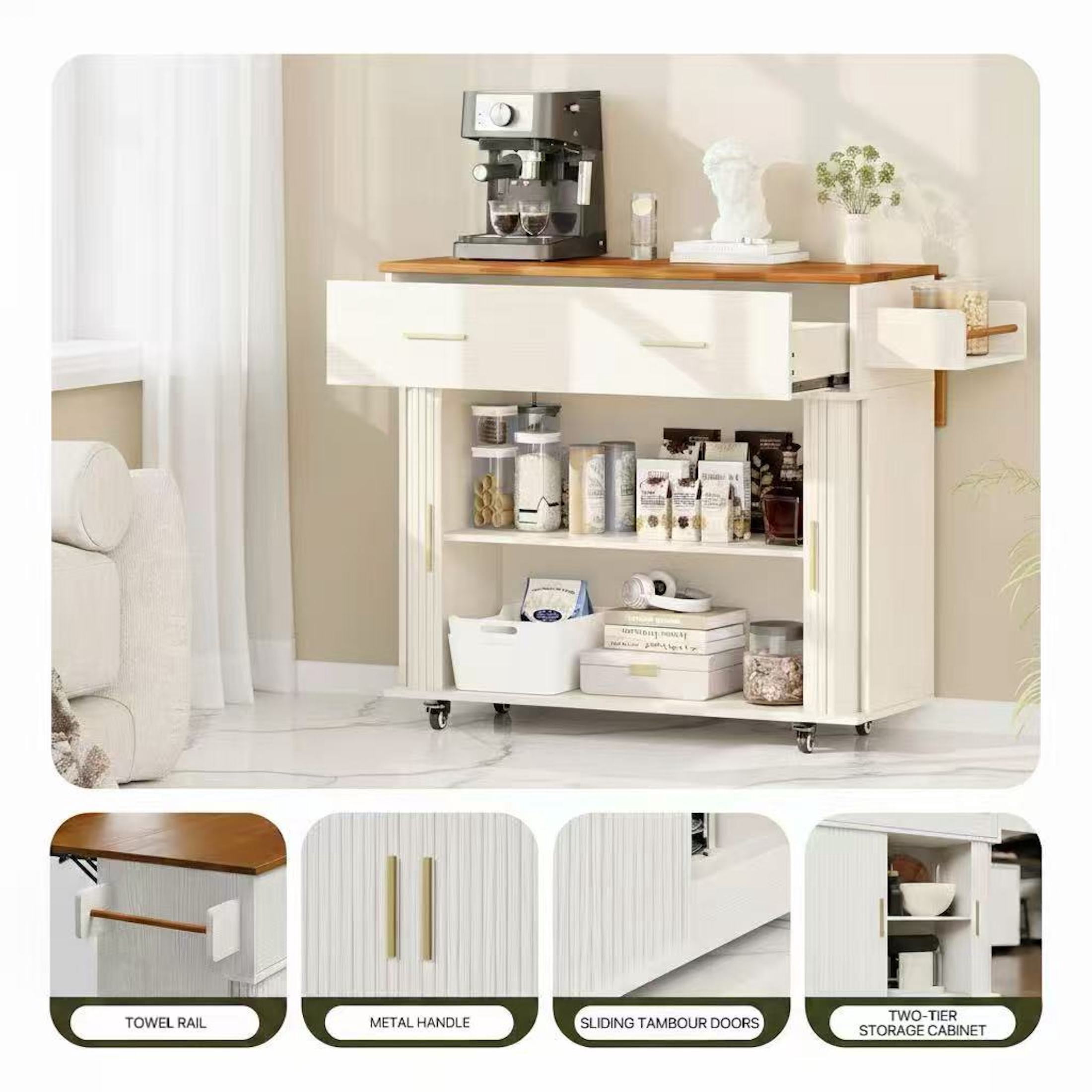 AISWORD Rolling Kitchen Island with Drop Leaf, Sliding Door, Drawers & Spice Rack, White