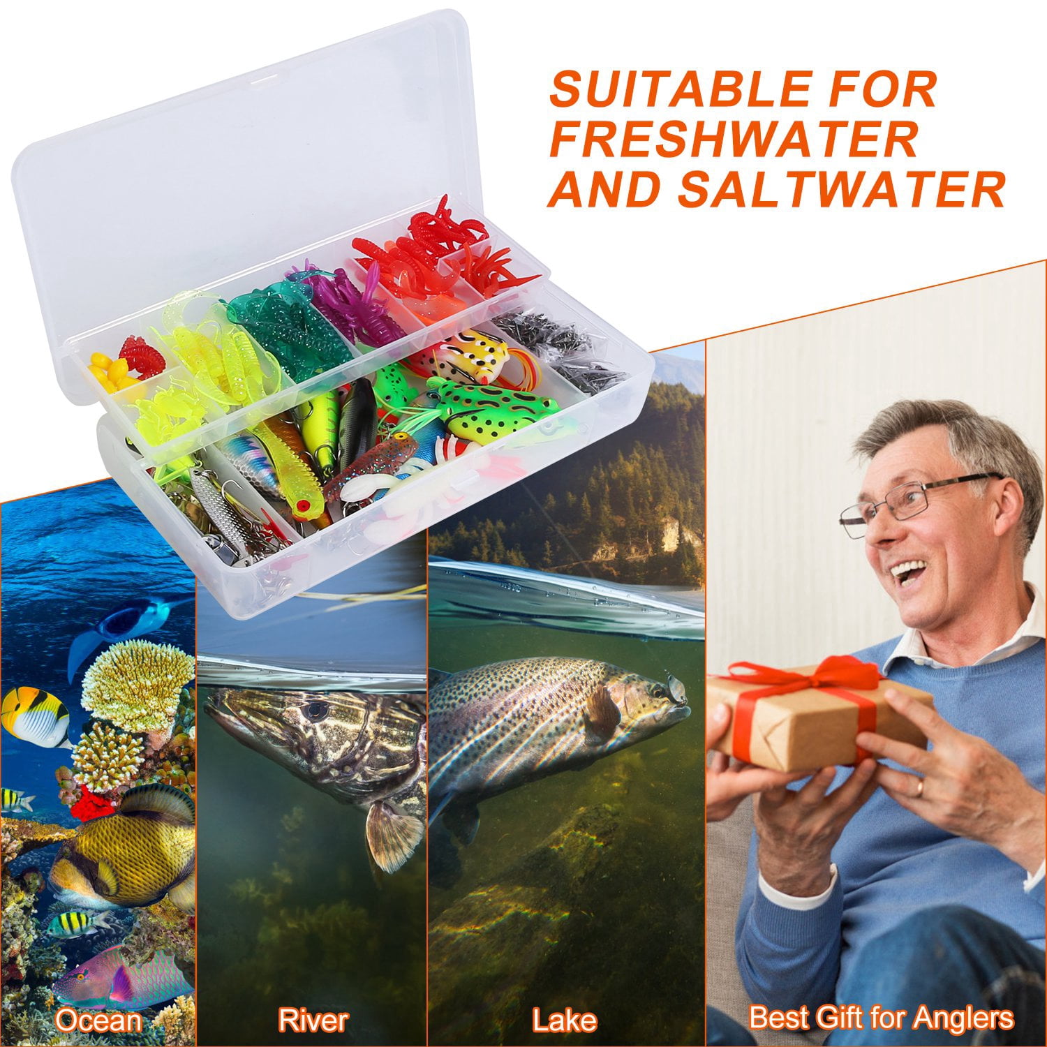 Moclever 375Pcs Fishing Lures Kit, Fishing Baits and Tackle Box Lifelike Popper Crankbaits Crickets Frogs Spoon Lures Maggots for Saltwater Freshwater, 8.27x4.33x1.77in