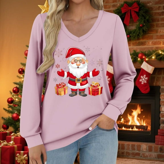 Tops for Women Christmas V-neck Long Sleeved Casual Loose T-shirt Top Womens Blouse Plus Size Purple XL