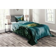 Landscape Bedspread Set Twin Size, Mountain Lake in Northern Germany with Frozen Peaks Water in Winter Season Life, Quilted 3 Piece Decor Coverlet Set with Pillow Sham, Green White, by Ambesonne