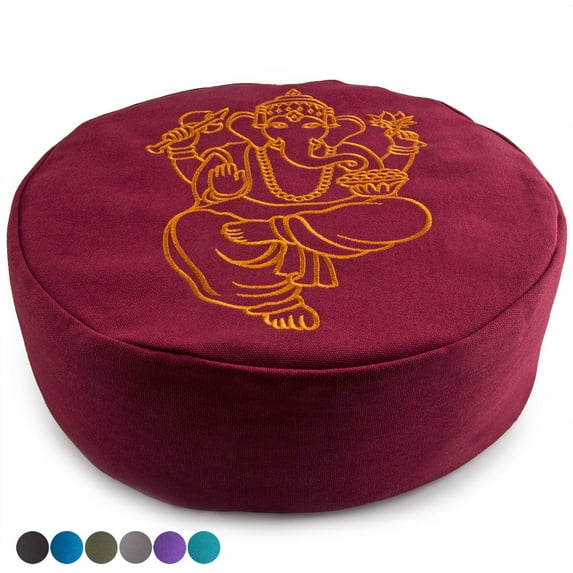 Peace Yoga Zafu Meditation Yoga Buckwheat Filled Cotton Bolster Pillow Cushion with Premium Designs - Elephant Burgundy 16" x 16" Inch
