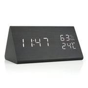 Greensen Réveil en bois LED Affichage numérique de l'heure / température / humidité Commande vocale, horloge en bois, réveil