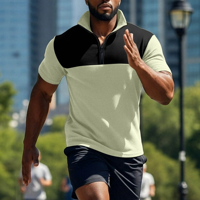 Blusa y camisa de manga corta con cuello alto para hombre, con bloques de color, manga corta, cremallera, cuello alto, informal, deportiva, blusa para hombre