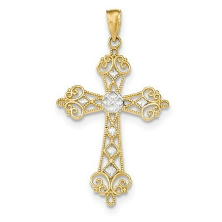 14k Yellow Gold & Rhodium Polished Diamond-cut Cut-out Cross Pendant