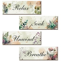 4 Pieces Bathroom Wall Decor Bathroom Wall Art Wooden Flower Restroom Art Relax Soak Unwind Breathe Sign for Bedroom Living Room Home（Cool Color）