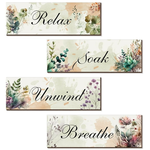 4 Pieces Bathroom Wall Decor Bathroom Wall Art Wooden Flower Restroom Art Relax Soak Unwind Breathe Sign for Bedroom Living Room Home（Cool Color）