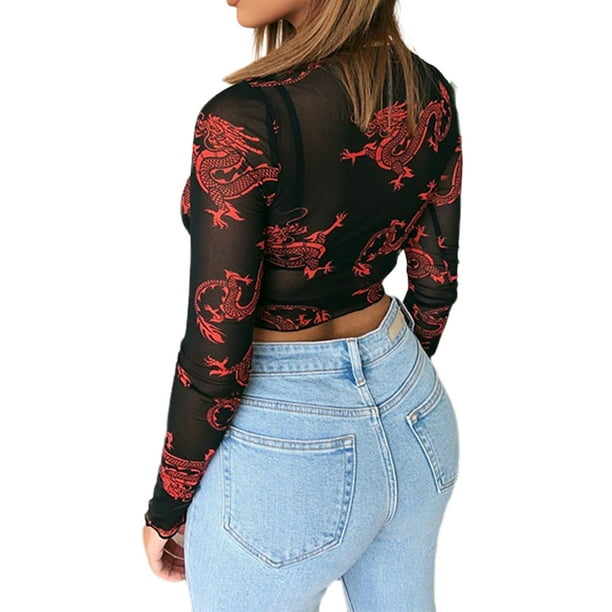 Fullvigor Women's Tops T-Shirt Transparent Dragon Print Sleeve Mesh Crop - Walmart.com