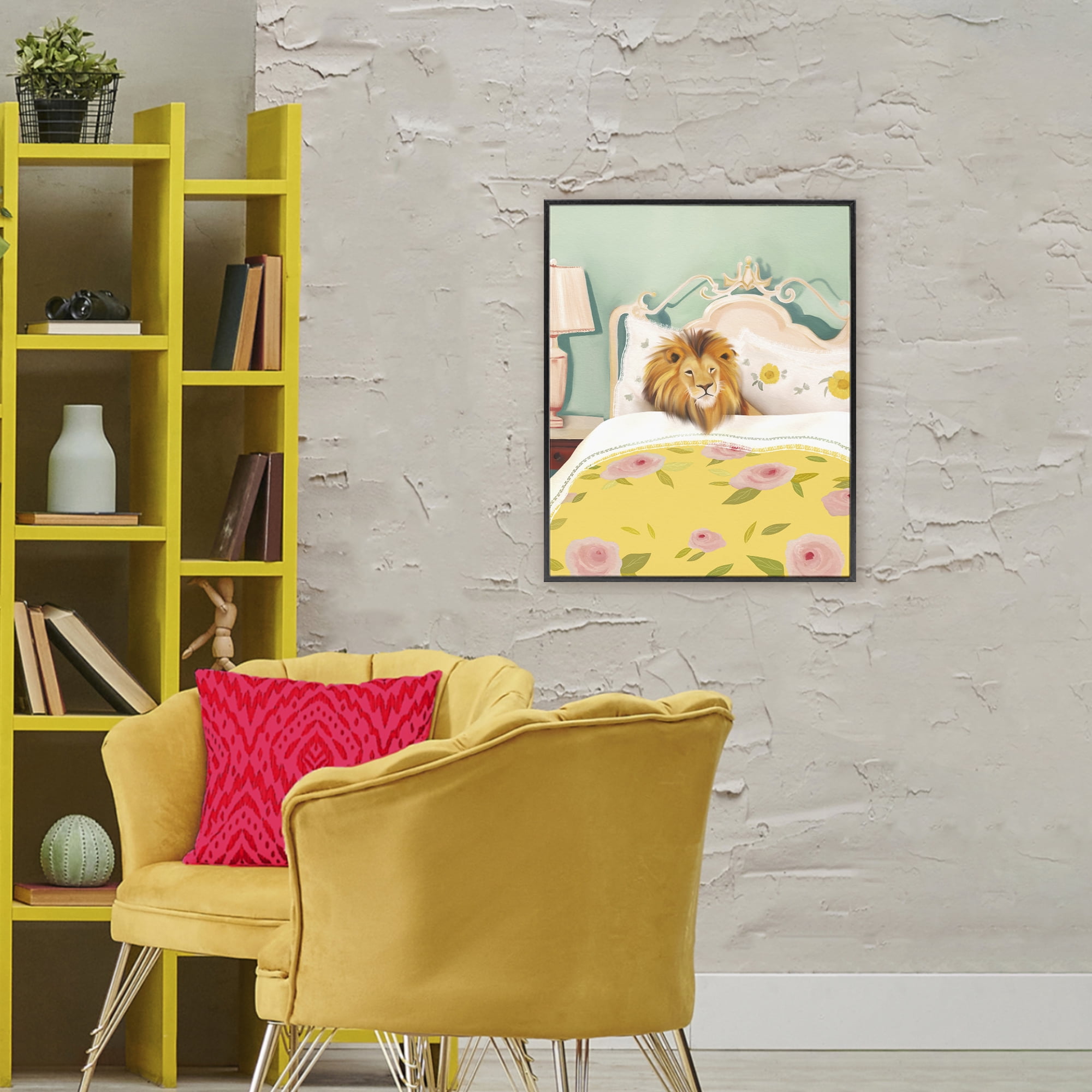 Good Morning Lion in Bed Black Framed Giclee Art, design by Leah Straatsma