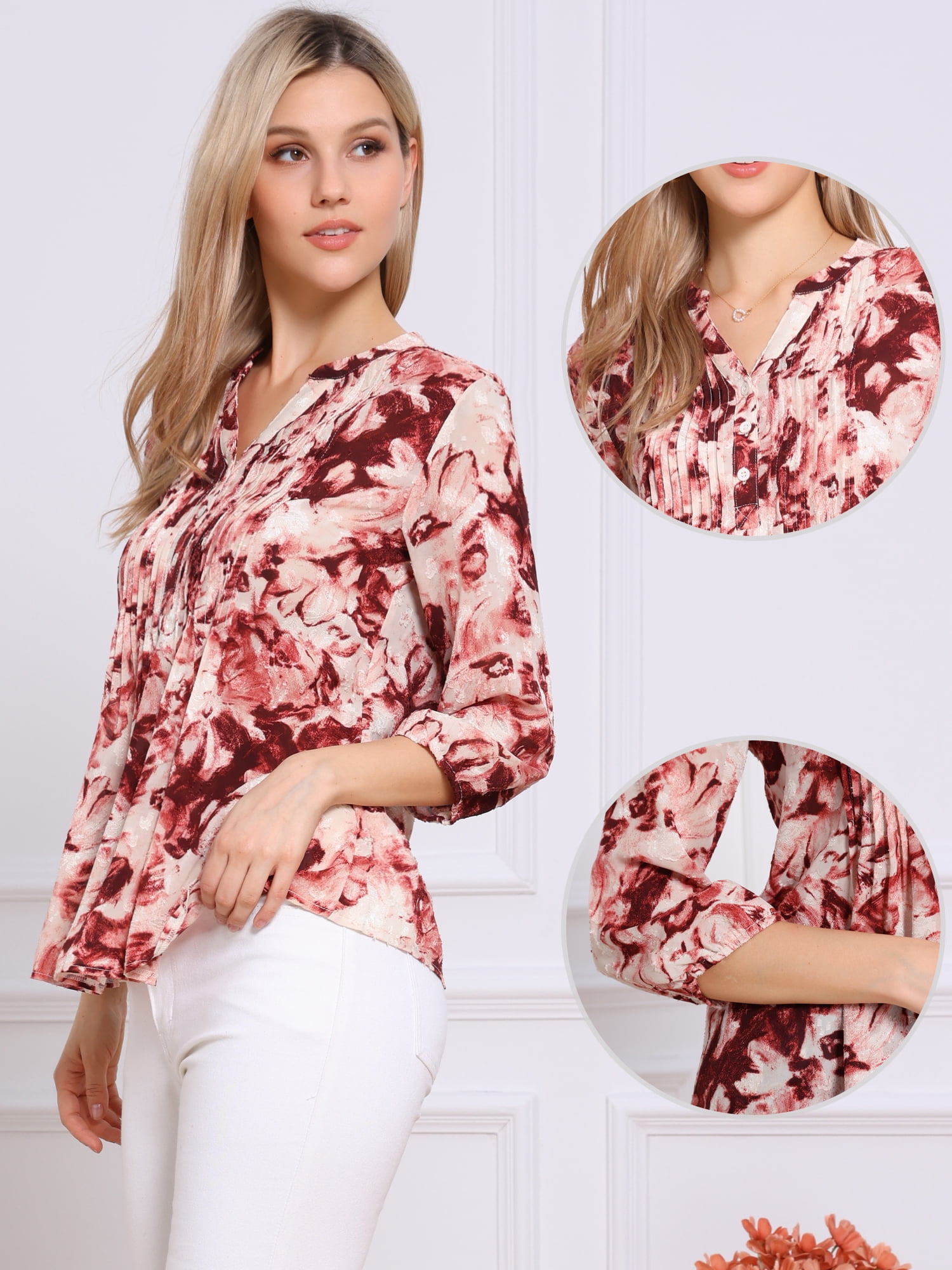 DARING DIVA Women's 3/4 Sleeve Button Down V Neck Casual Pleated Top M Beige Red