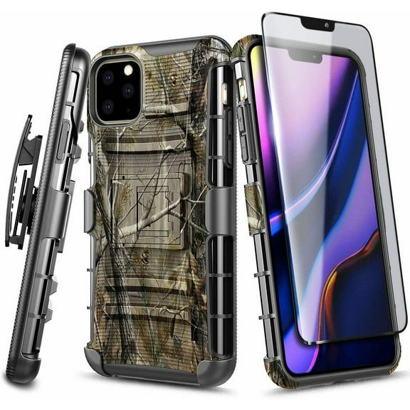 Nagebee Case for iPhone 11 Pro with Tempered Glass Screen Protector (Full Coverage), Armor Defender [Swivel Belt Clip Holster] [Built-In Kickstand] Shockproof Rugged Phone Cover (Camo)