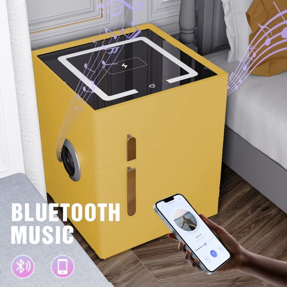 KPIBEST Nightstand With Safe Box And Led Lights And Wireless Charge And Bluetooth Speaker（orange）