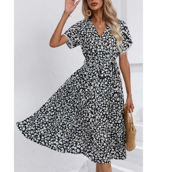 Zorckvet Long Dresses for Women Trendy V Neck Flowy Tunic Short Sleeve Floral Print Ladies Dress Fashion