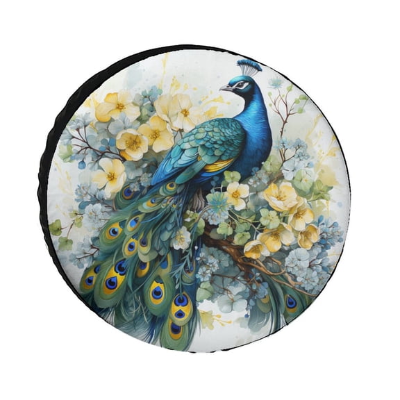 Camper Spare Tire Cover 12inch Peacock Flowers Watercolor Weatherproof Universal Wheel Protectors Peacock Feather Fit for Trailers SUV Off-Road Vehicle Camper And Trucks